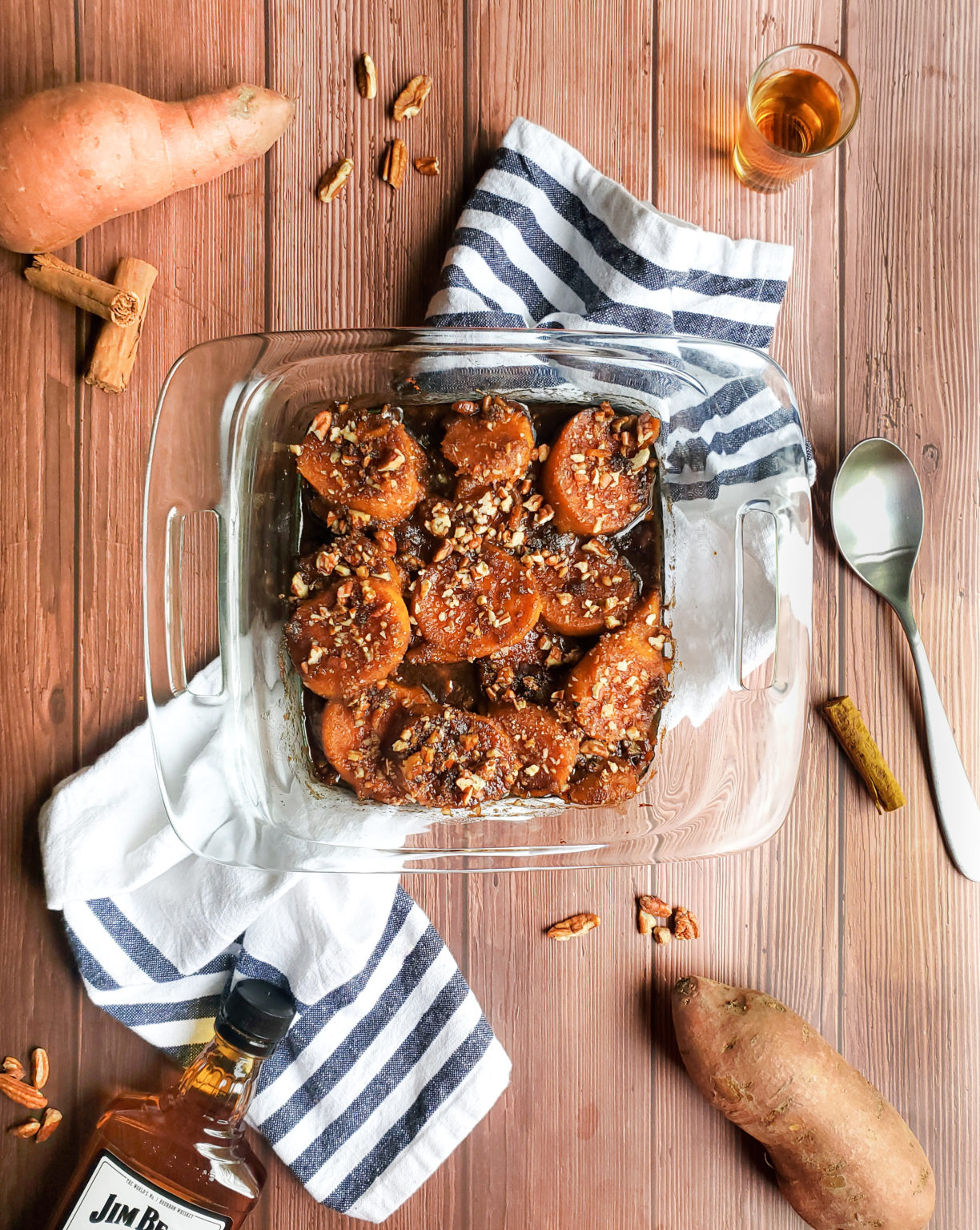 BourbonSpiked Candied Yams with Crushed Pecan Topping