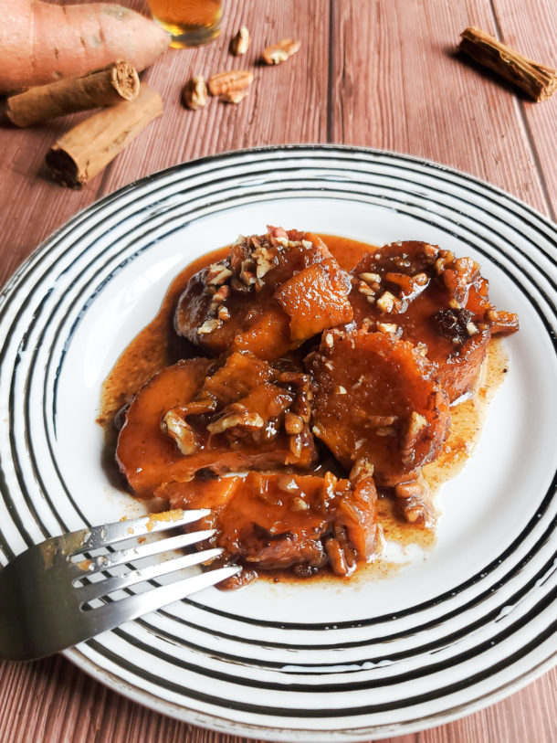 Bourbon-Spiked Candied Yams with Crushed Pecan Topping