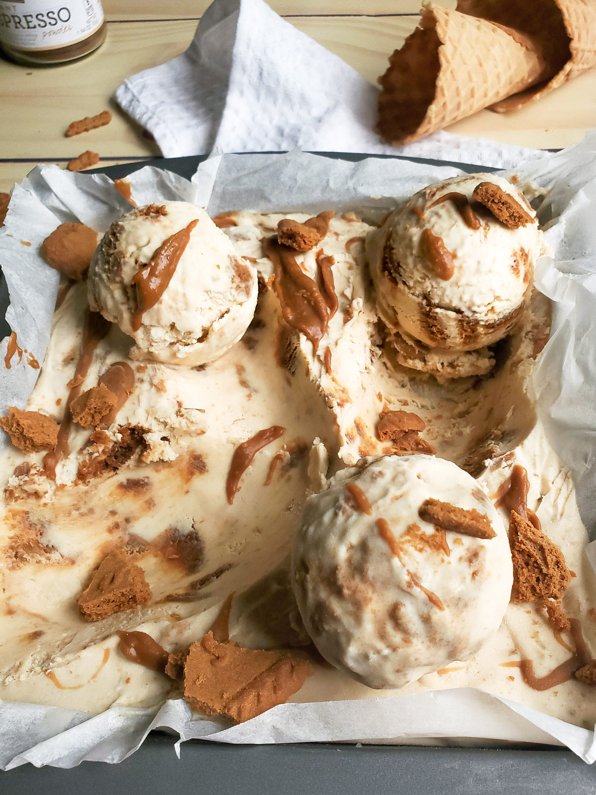 Pan of homemade cookie butter no churn ice cream