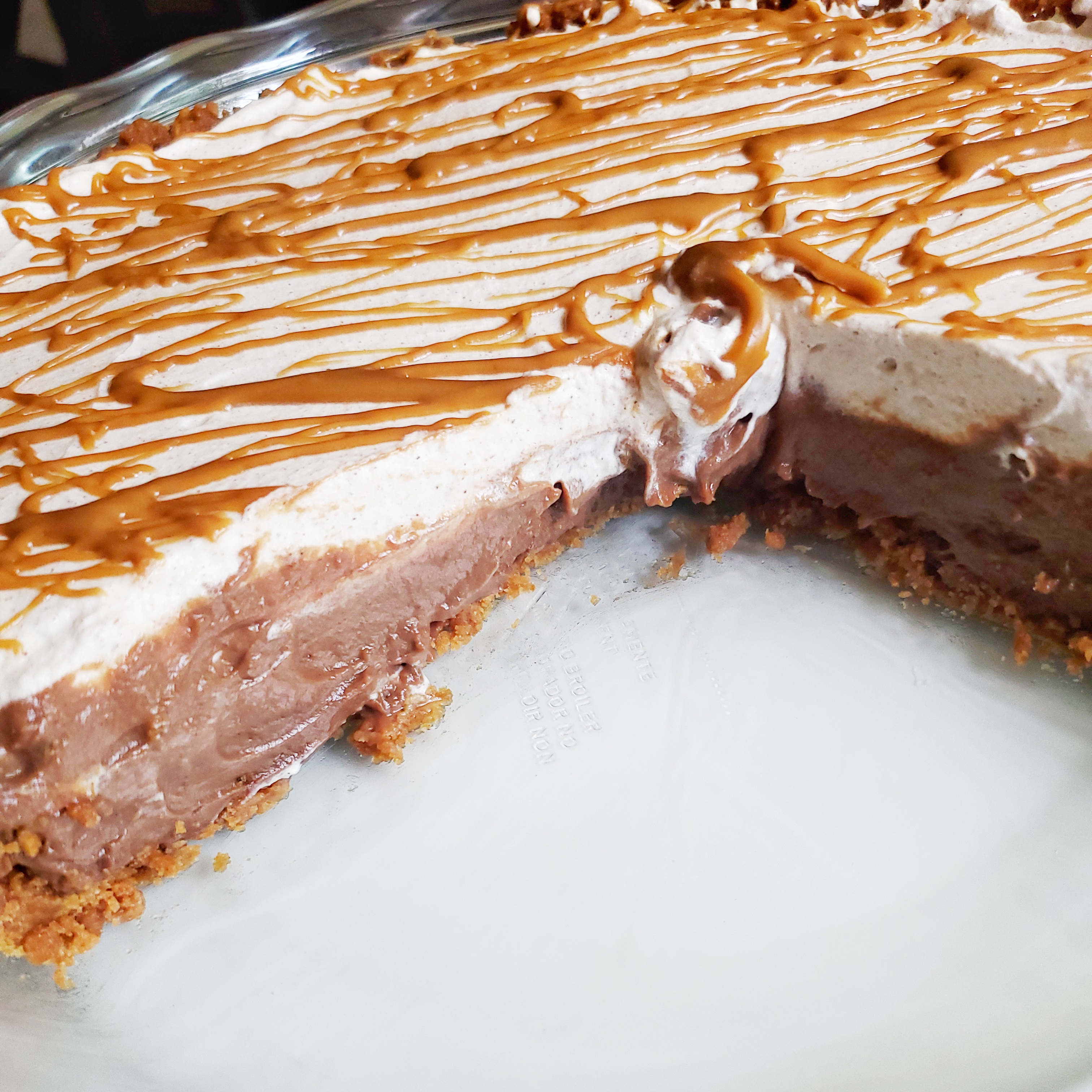 Close up of chocolate cookie butter pudding pie