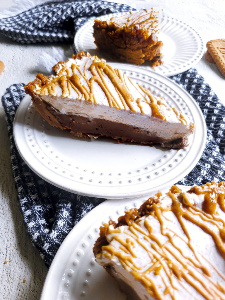 Close up of chocolate cookie butter pudding pie