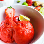 Scoops of strawberry key lime sorbet in a bowl