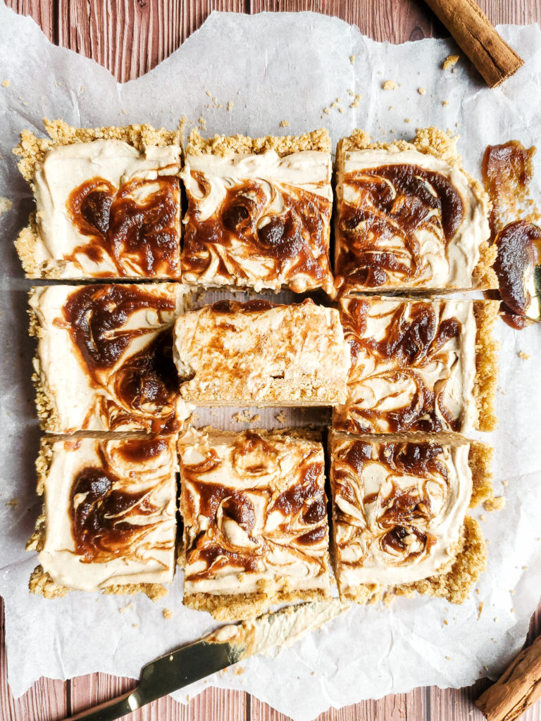 Overhead close up of a square piece of no bake apple butte cheesecake