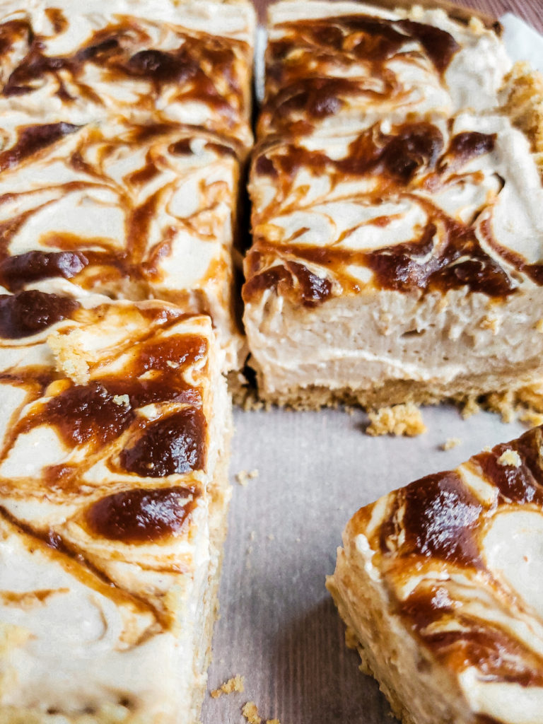Close up of a square piece of no bake apple butte cheesecake
