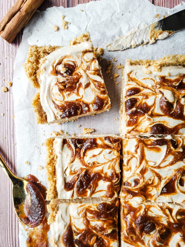 Overhead close up of a square piece of no bake apple butte cheesecake