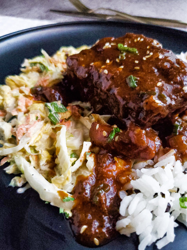 Plate of braised beef short ribs with rice and slaw