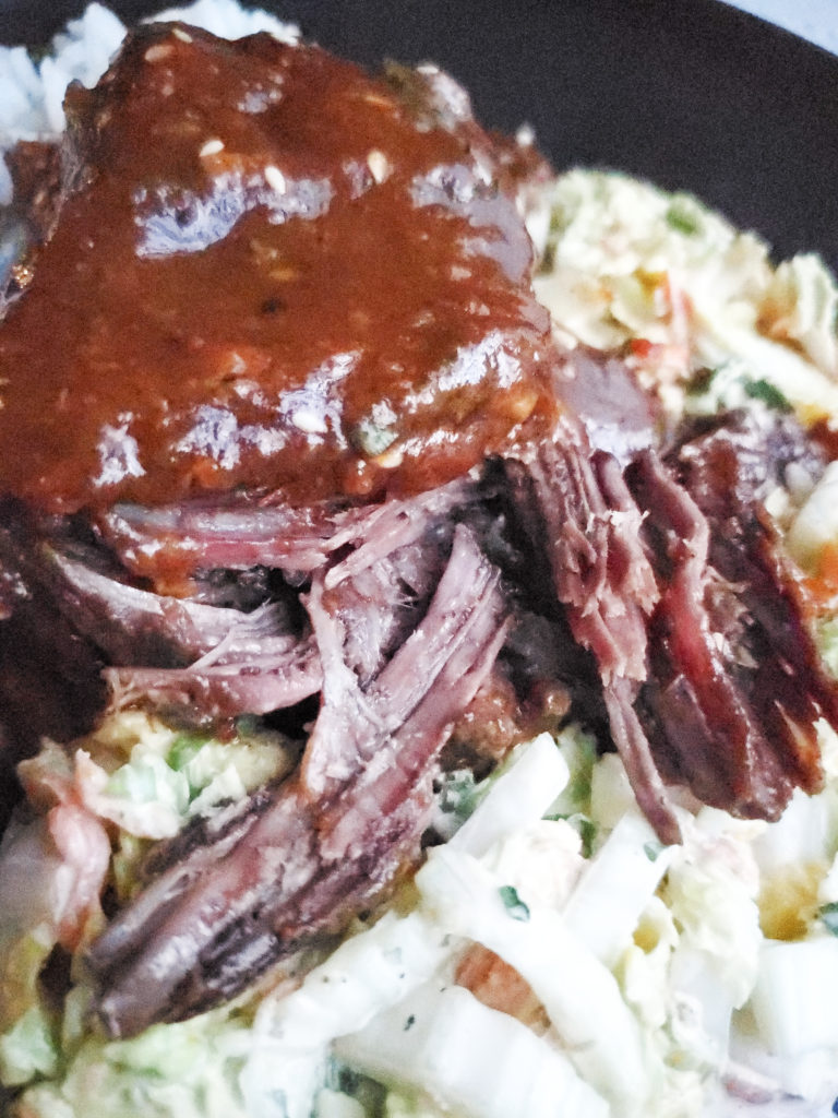 Close up shot of braised beef short ribs