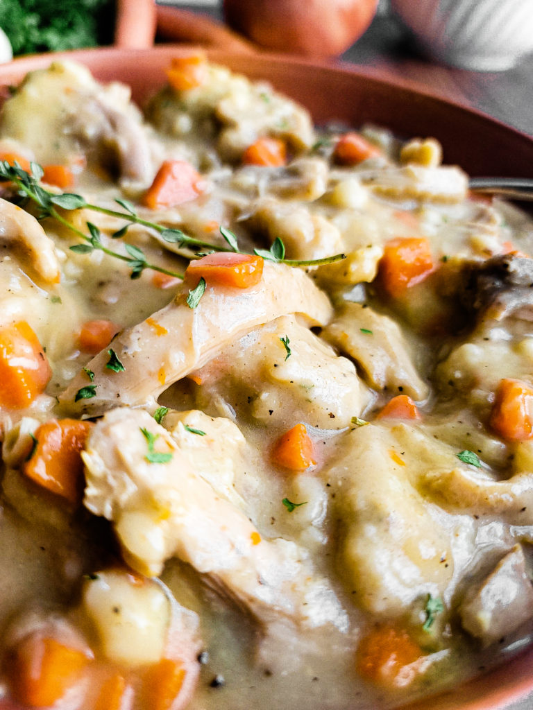 Close up of chicken and dumplings in a bowl