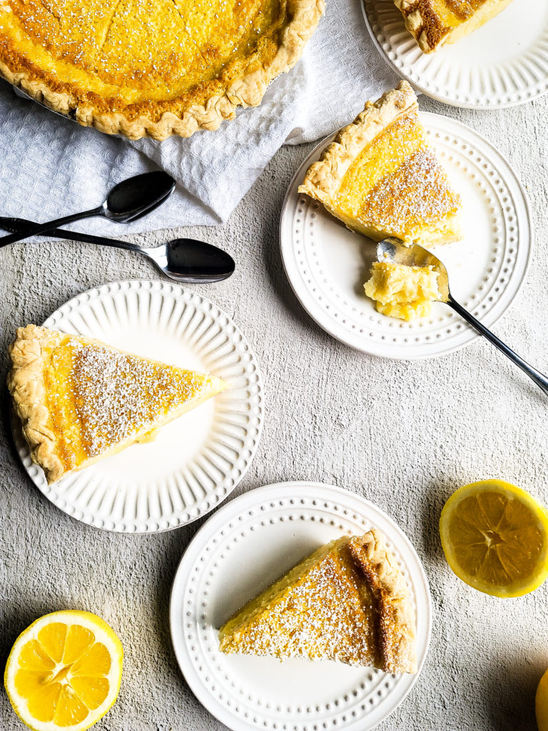 Overhead shot of lemon buttermilk pie slices