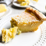 Close up shot of lemon buttermilk custard pie slice