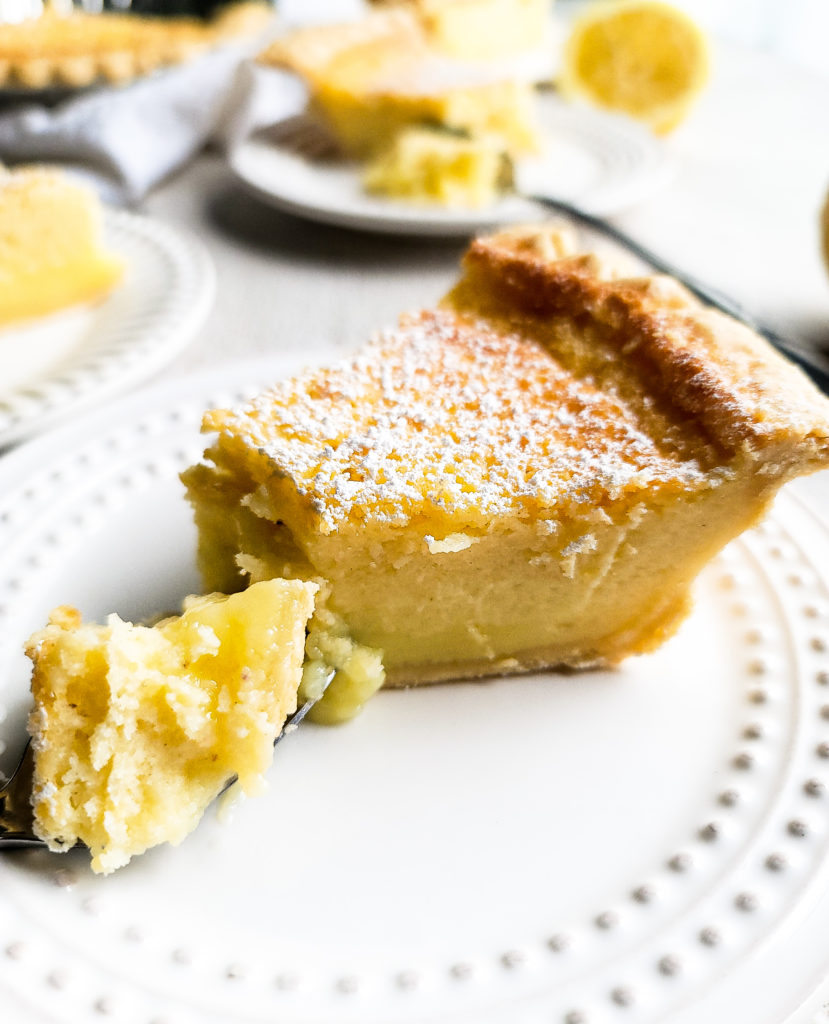 Close up shot of lemon buttermilk custard pie slice